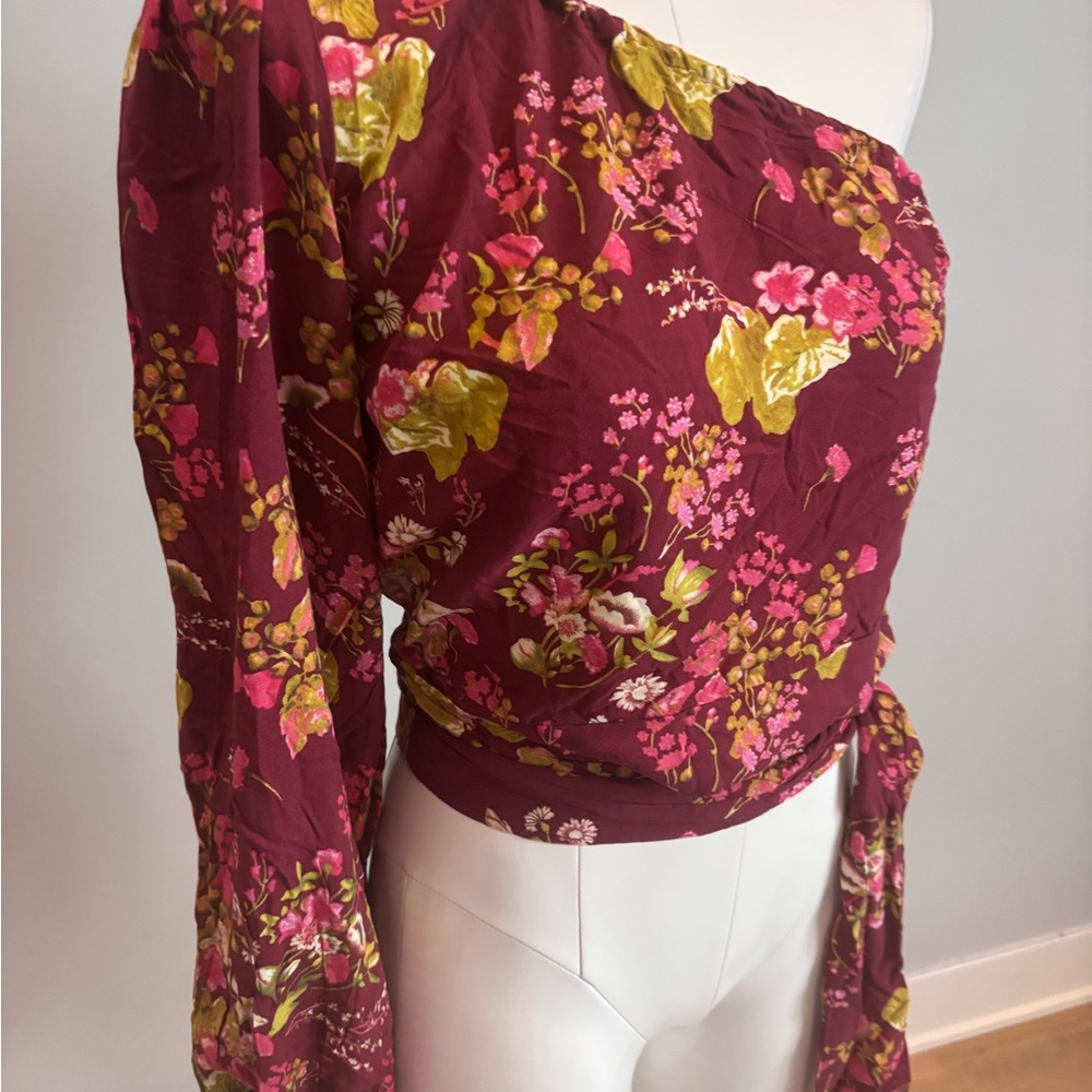 RACHEL Rachel Roy Burgundy Floral One-Shoulder Blouse - Picture 6 of 6